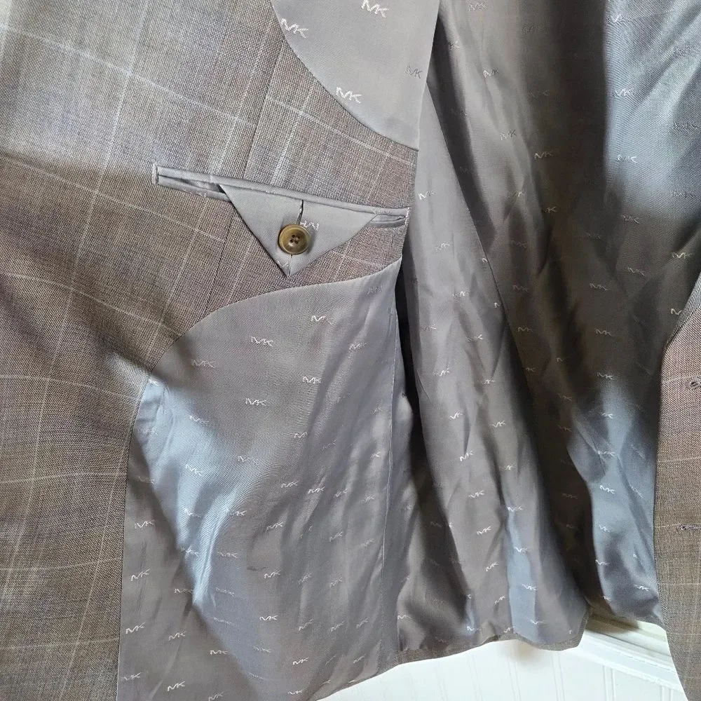 Men's Michael Kors Taupe Two Button Checkered Work Career Blazer Jacket Size 50R